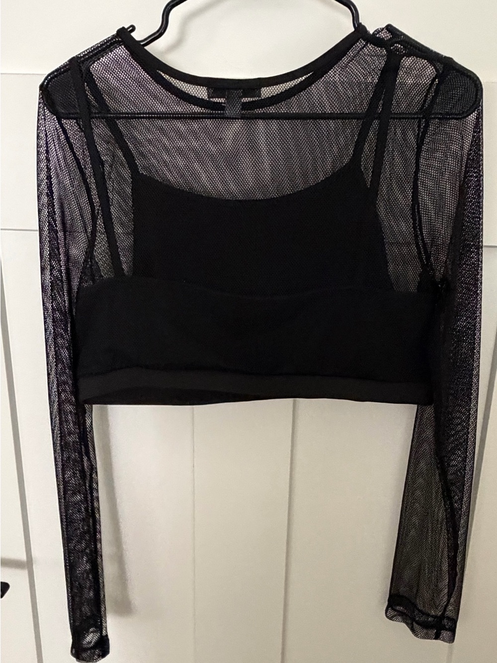feathers Black Sheer Long-Sleeve Crop Top with Built-In Cami